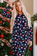 Hazel Blues® | Christmas Lights Print Collared Neck Top and Pants Set