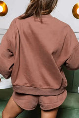 Hazel Blues® | COFFEE Sequin Round Neck Long Sleeve Top and Shorts Set
