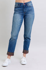 Hazel Blues® | Judy Blue Plaid Print Cuff Straight Leg Jeans with Pockets