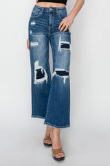 Hazel Blues® | Risen High Rise Patch Detailed Wide Leg Crop Jeans