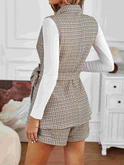 Hazel Blues® | Tied Plaid Collared Neck Vest and Shorts Set