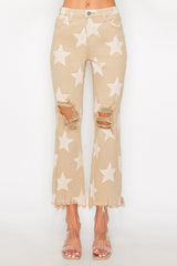 Hazel Blues® | RISEN High Rise Star Printed Frayed Hem Jeans
