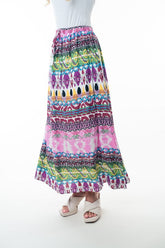 Hazel Blues® | Printed Elastic Waist Band Long Skirt with Tassels in Pink Combo