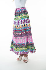 Hazel Blues® | Printed Elastic Waist Band Long Skirt with Tassels in Pink Combo