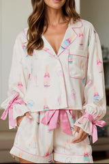 Hazel Blues® | Bow Printed Collared Neck Top and Drawstring Shorts Lounge Set