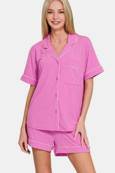 Hazel Blues® | Zenana Button Down Short Sleeve Top and Shorts Lounge Set