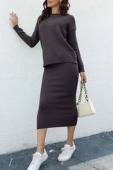 Hazel Blues® | Round Neck Dropped Shoulder Top and Skirt Sweater Set