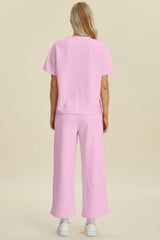 Hazel Blues® | Double Take Texture Round Neck Short Sleeve Top and Pants Set