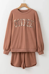 Hazel Blues® | COFFEE Sequin Round Neck Long Sleeve Top and Shorts Set