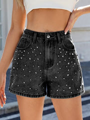 Hazel Blues® | Rhinestone Washed High Waist Denim Shorts