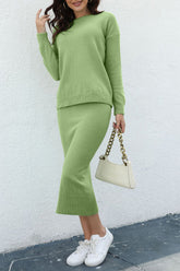 Hazel Blues® | Round Neck Dropped Shoulder Top and Skirt Sweater Set