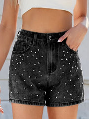 Hazel Blues® | Rhinestone Washed High Waist Denim Shorts