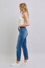Hazel Blues® | Judy Blue Plaid Print Cuff Straight Leg Jeans with Pockets