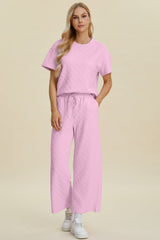 Hazel Blues® | Double Take Texture Round Neck Short Sleeve Top and Pants Set