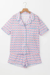 Hazel Blues® | Plaid Collared Neck Short Sleeve Top and Shorts Lounge Set
