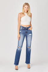 Hazel Blues® | Risen Raw Hem Distressed Straight Jeans