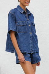 Hazel Blues® | Collared Neck Button Up Top and Shorts Denim Set