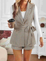 Hazel Blues® | Tied Plaid Collared Neck Vest and Shorts Set