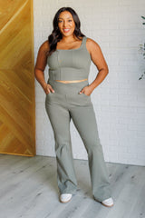 Hazel Blues® | Building Habits Twill Flared Crossover Waist Pant in Dusty Olive