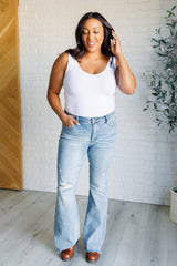 Hazel Blues® | Caroline Mid Rise Control Top Distressed Flare Jeans