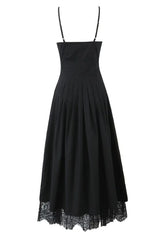 Black Straps Lace Stripe Button Long Party Dress