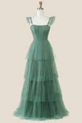Blue Tulle Tiered A-line Long Dress