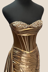 Brown Metallic Corset Ruched Tight Mini Dress with Train