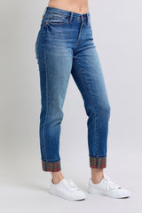 Hazel Blues® | Judy Blue Plaid Print Cuff Straight Leg Jeans with Pockets