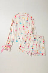 Hazel Blues® | Bow Printed Collared Neck Top and Drawstring Shorts Lounge Set
