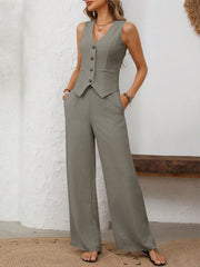 Hazel Blues® | V-Neck Button Down Vest and Wide Leg Pants Set
