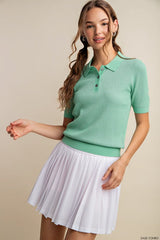 Hazel Blues® | Soft Thermal Texture Two Colors Thread Polo Shirt Sweater in Sage