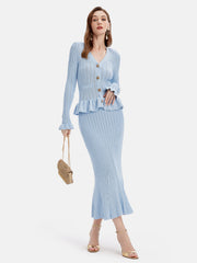 Hazel Blues® | Ruffled V-Neck Top and Midi Skirt Sweater Set