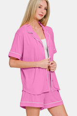 Hazel Blues® | Zenana Button Down Short Sleeve Top and Shorts Lounge Set