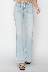 Hazel Blues® | Risen High Rise Front Patch Pocket Flare Jeans