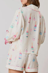 Hazel Blues® | Bow Printed Collared Neck Top and Drawstring Shorts Lounge Set