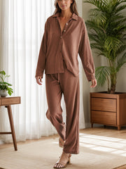 Hazel Blues® | Collared Neck Long Sleeve Top and Drawstring Pants Set
