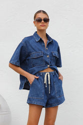 Hazel Blues® | Collared Neck Button Up Top and Shorts Denim Set