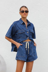 Hazel Blues® | Collared Neck Button Up Top and Shorts Denim Set