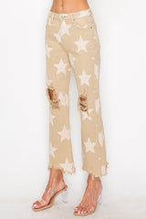 Hazel Blues® | RISEN High Rise Star Printed Frayed Hem Jeans