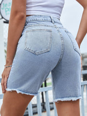 Hazel Blues® | Distressed Raw Hem Denim Shorts
