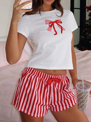 Hazel Blues® | Printed Round Neck Short Sleeve Top and Drawstring Shorts Set