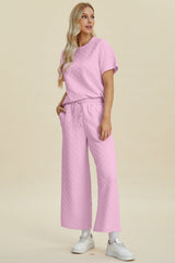 Hazel Blues® | Double Take Texture Round Neck Short Sleeve Top and Pants Set