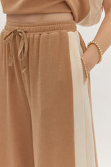 Hazel Blues® | Solid Ribbed Contrast Trim Wide Leg Pants in Camel