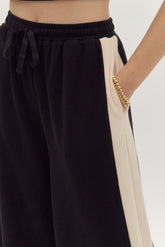 Hazel Blues® | Solid Ribbed Contrast Trim Wide Leg Pants in Black