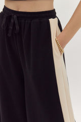 Hazel Blues® | Solid Ribbed Contrast Trim Wide Leg Pants in Black