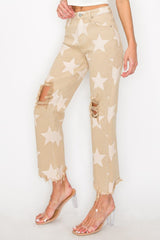 Hazel Blues® | RISEN High Rise Star Printed Frayed Hem Jeans