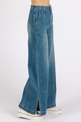 Hazel Blues® |  Mittoshop Medium Wash Seam Detail Wide Leg Denim Jeans
