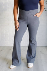 Hazel Blues® |  Building Habits Twill Flared Crossover Waist Pant in Titanium