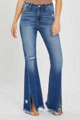 Hazel Blues® |  RISEN High Rise Front Slit Frayed Hem Flare Jeans