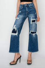 Hazel Blues® |  Risen High Rise Patch Detailed Wide Leg Crop Jeans
